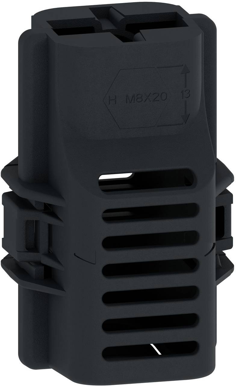 Black plastic vented connector housing with slotted front, side clips, and molded 'H M8X20' marking.