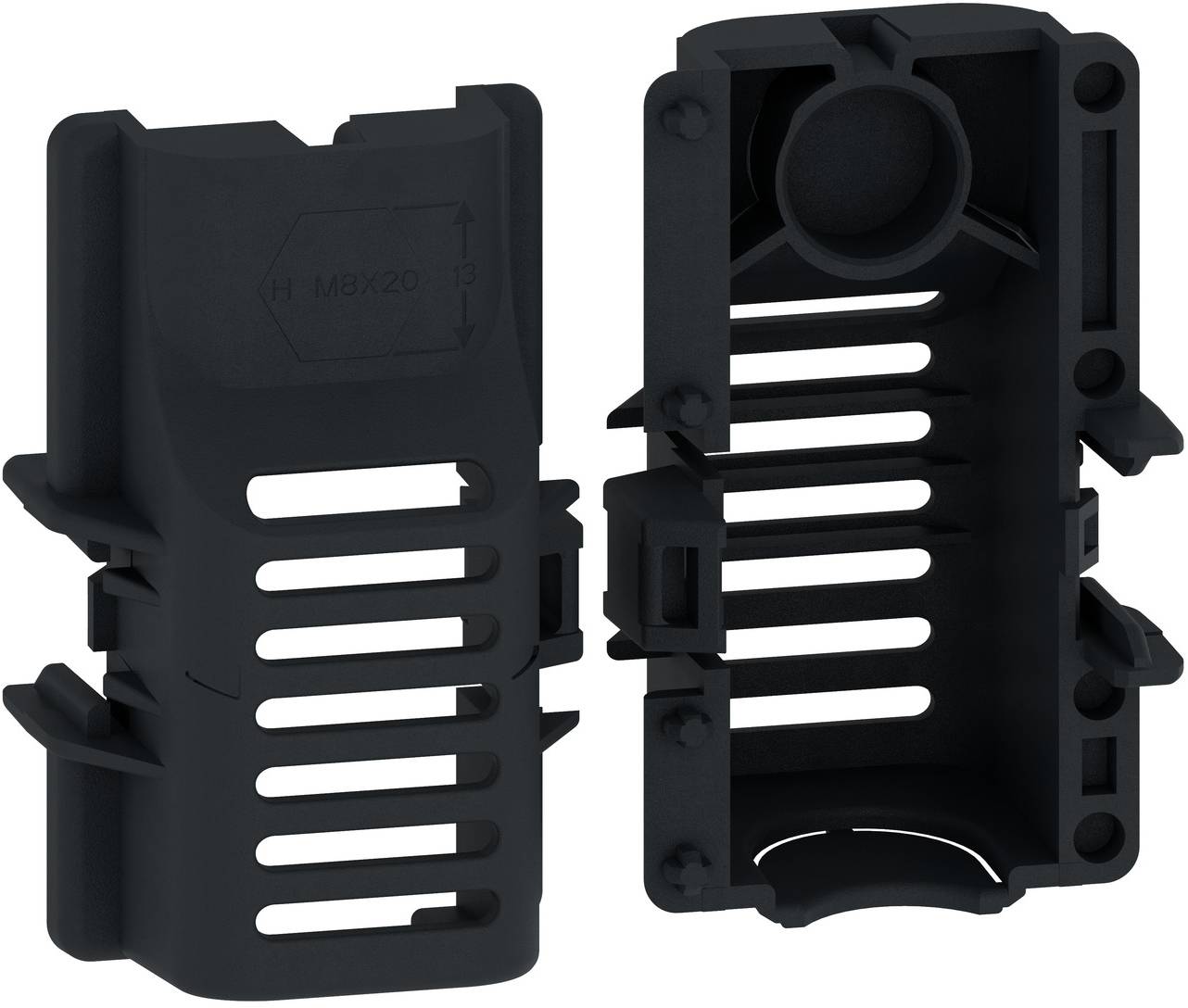 Black plastic vented electrical connector housing shown from front and back views on a white background.