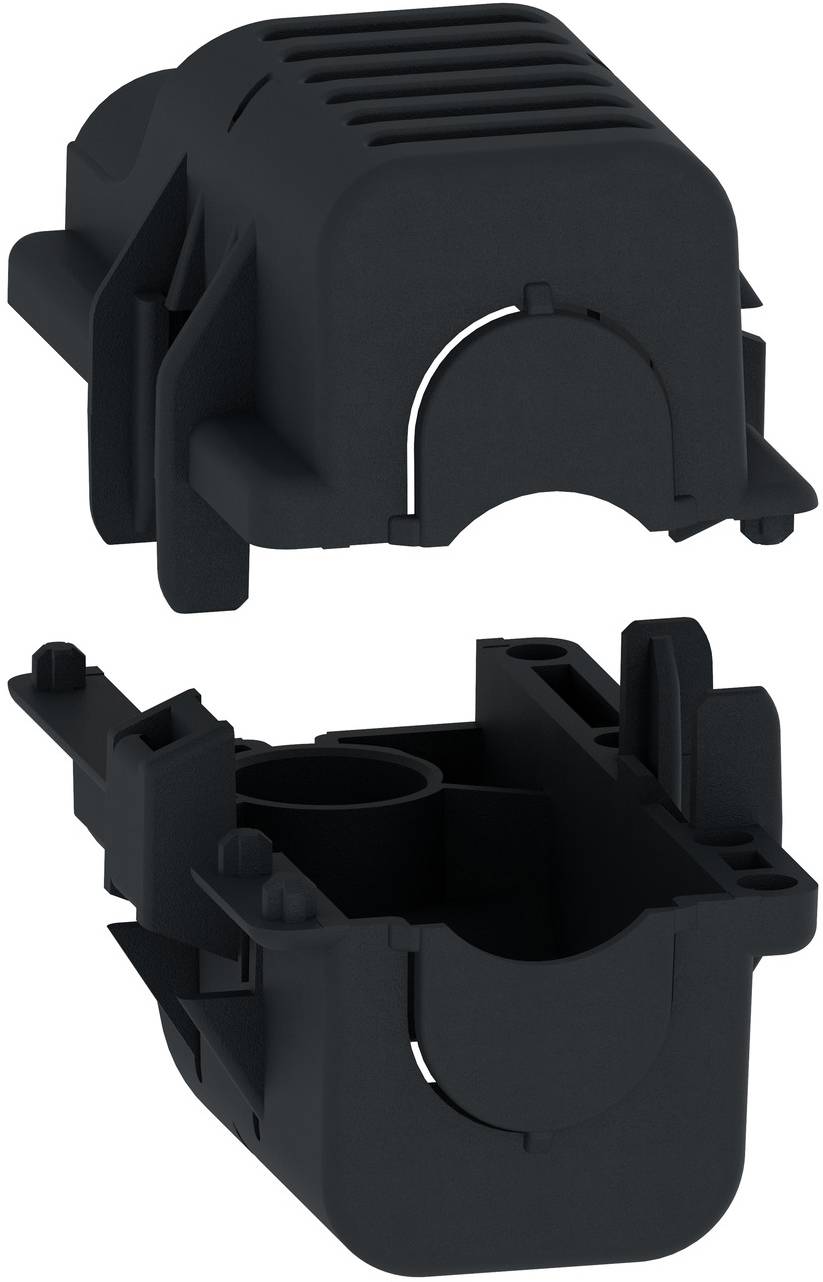 Two views of a black plastic electrical connector housing, showing the cover and base parts separated.
