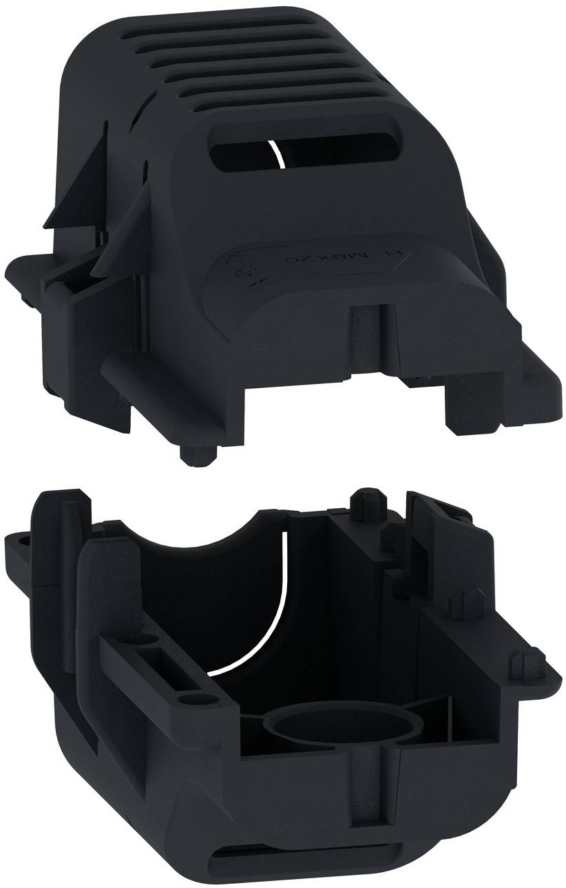 Exploded view of a black plastic two-piece housing or cover, showing the top vented shell separated from the lower base component.