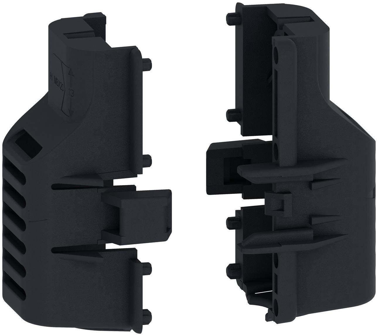 Two views of a black plastic connector housing or clip component, shown isolated on a white background.