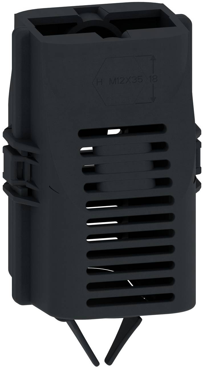 Black vented plastic cable gland housing with two angled cable-entry legs, shown isolated on a white background.