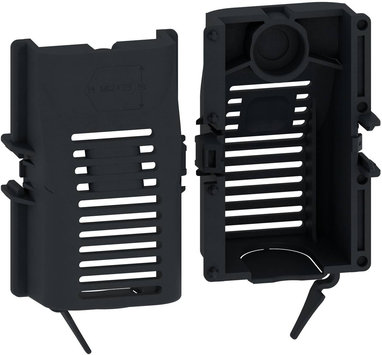 Two black plastic vented device covers or housings shown side by side, one front and one back, with mounting tabs and slotted openings.<br>