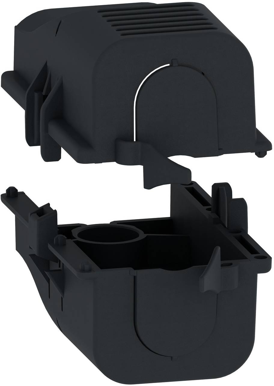 Exploded view of a black plastic housing, with the top cover lifted above the lower base to show the internal compartment and mounting tabs.<br>