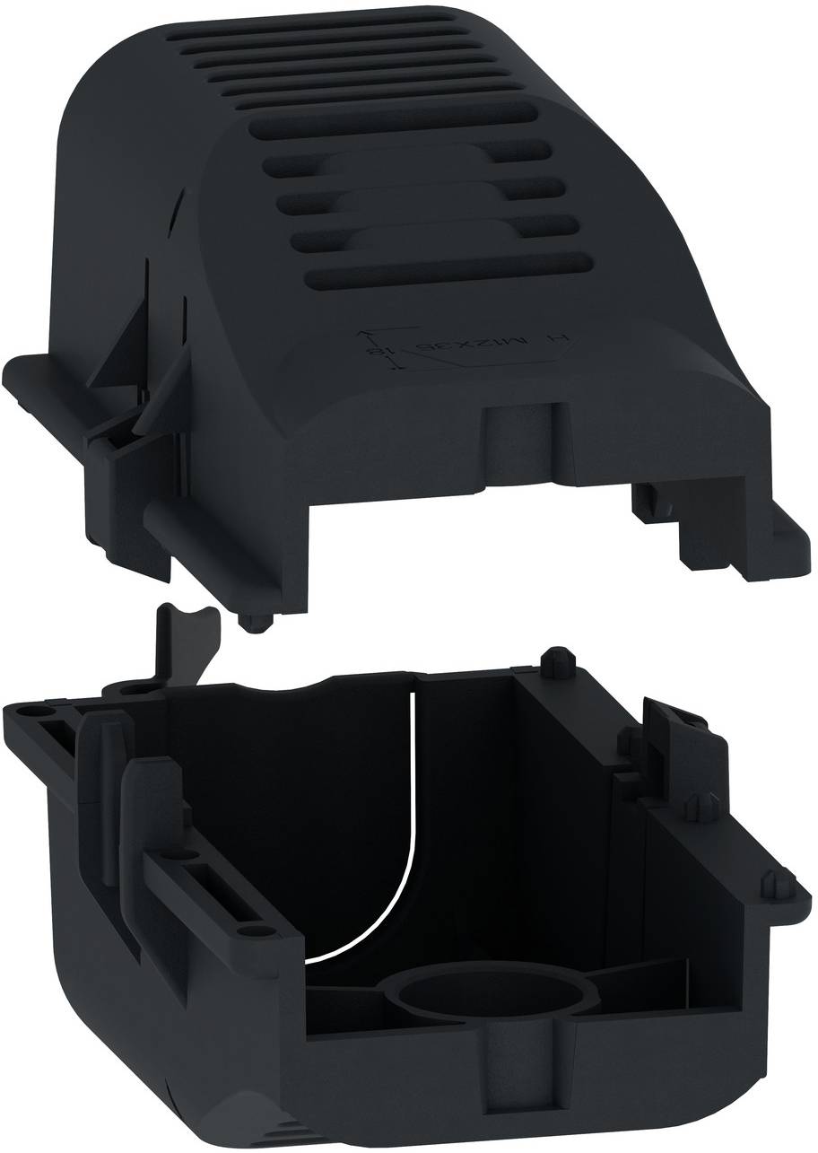 Exploded view of a black plastic housing showing a ventilated top cover separated from a base with internal mounting features.<br>