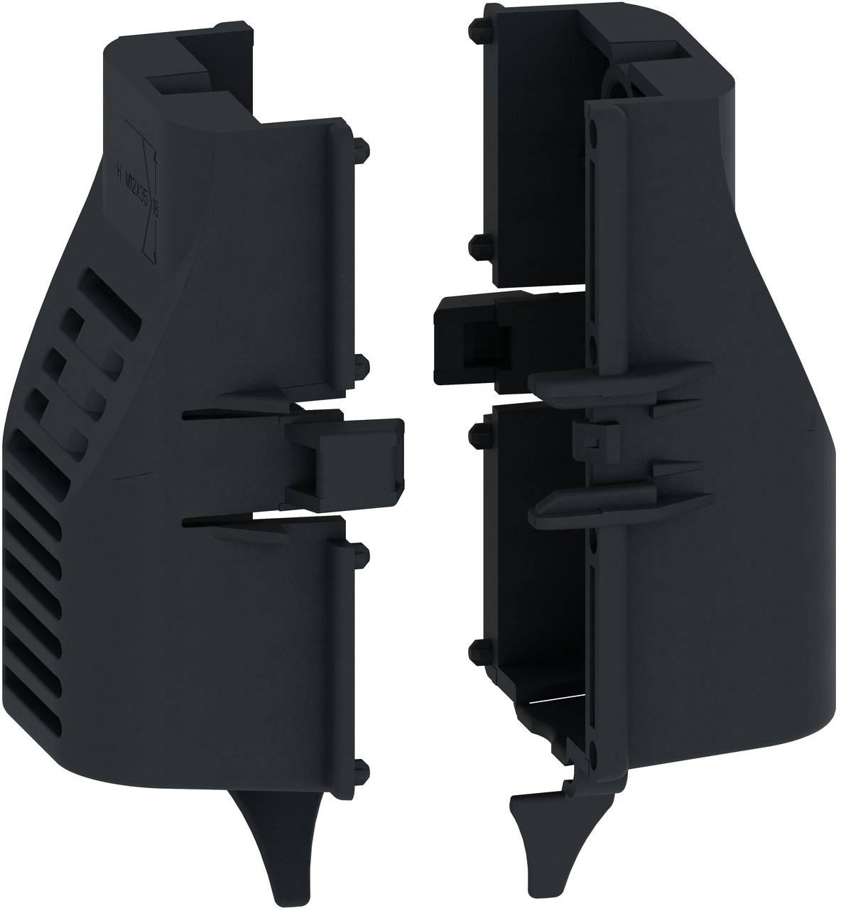 Two black plastic side-view device housing halves shown separated on a white background, with tabs and vent slits visible.