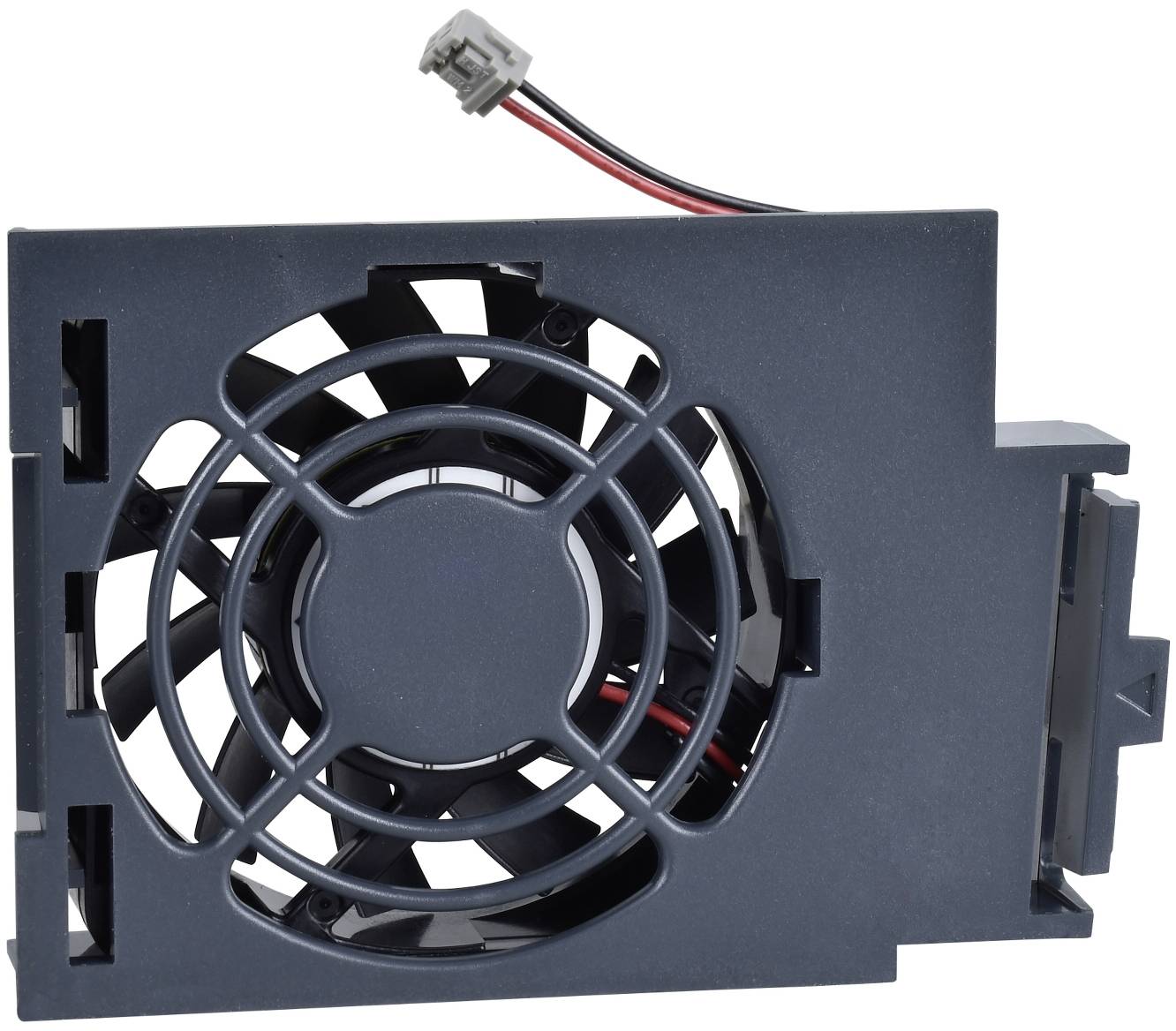 Black computer cooling fan module with power cable and connector on a rectangular mounting frame.