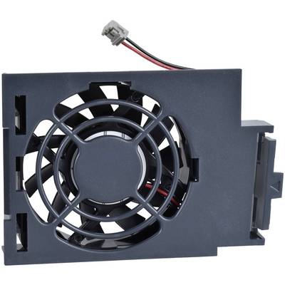 Black computer cooling fan module with power cable and connector on a rectangular mounting frame.