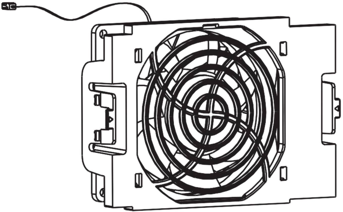 Black-and-white line drawing of a cooling fan or ventilation unit mounted in a rectangular housing with a power cord attached.
