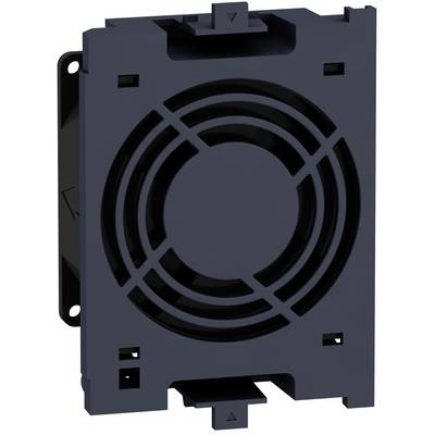 Black cooling fan module with circular grille, mounting tabs, and connector tabs, shown front view.