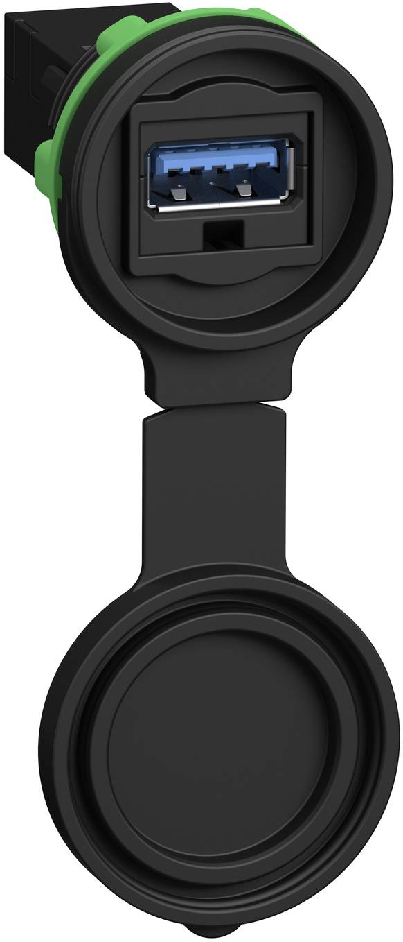 Black protective USB port cover with a hinged cap, showing a blue USB-A socket inside.
