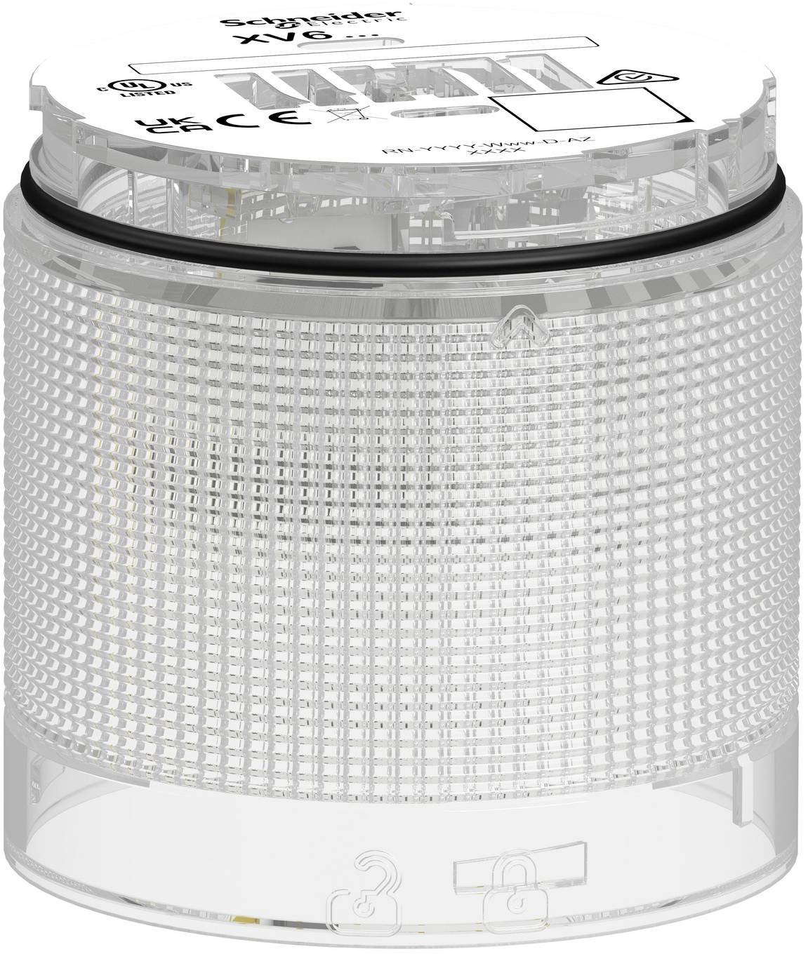 Transparent cylindrical LED beacon light with textured lens and warning labels on top, shown on a plain white background.