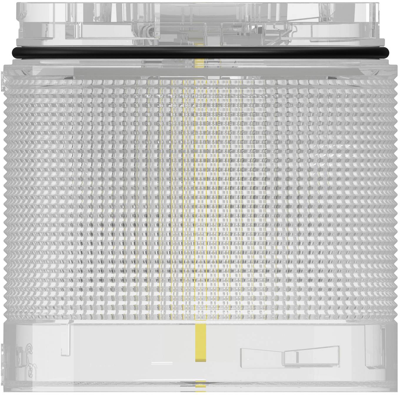 Transparent cylindrical air filter cartridge with pleated mesh media and a central yellow support strip in a white plastic base.