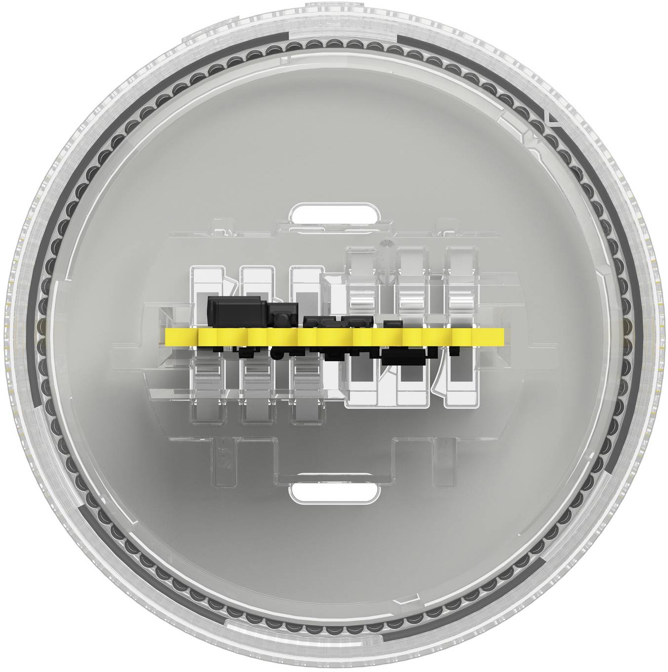 Top-down view of a circular mechanical device with a central yellow bar and black components, resembling a lock or gear assembly.
