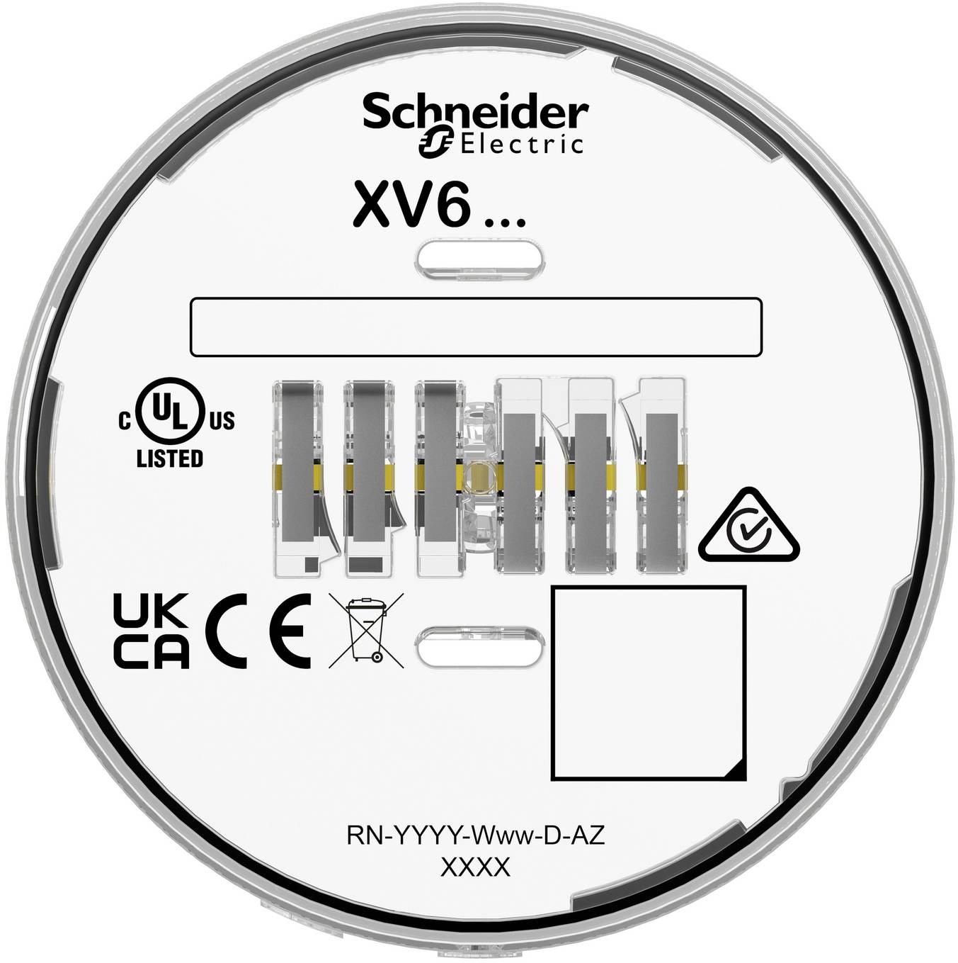 Schneider Electric XV6 circular product label with certification marks, blank identification boxes, and part number code at the bottom.