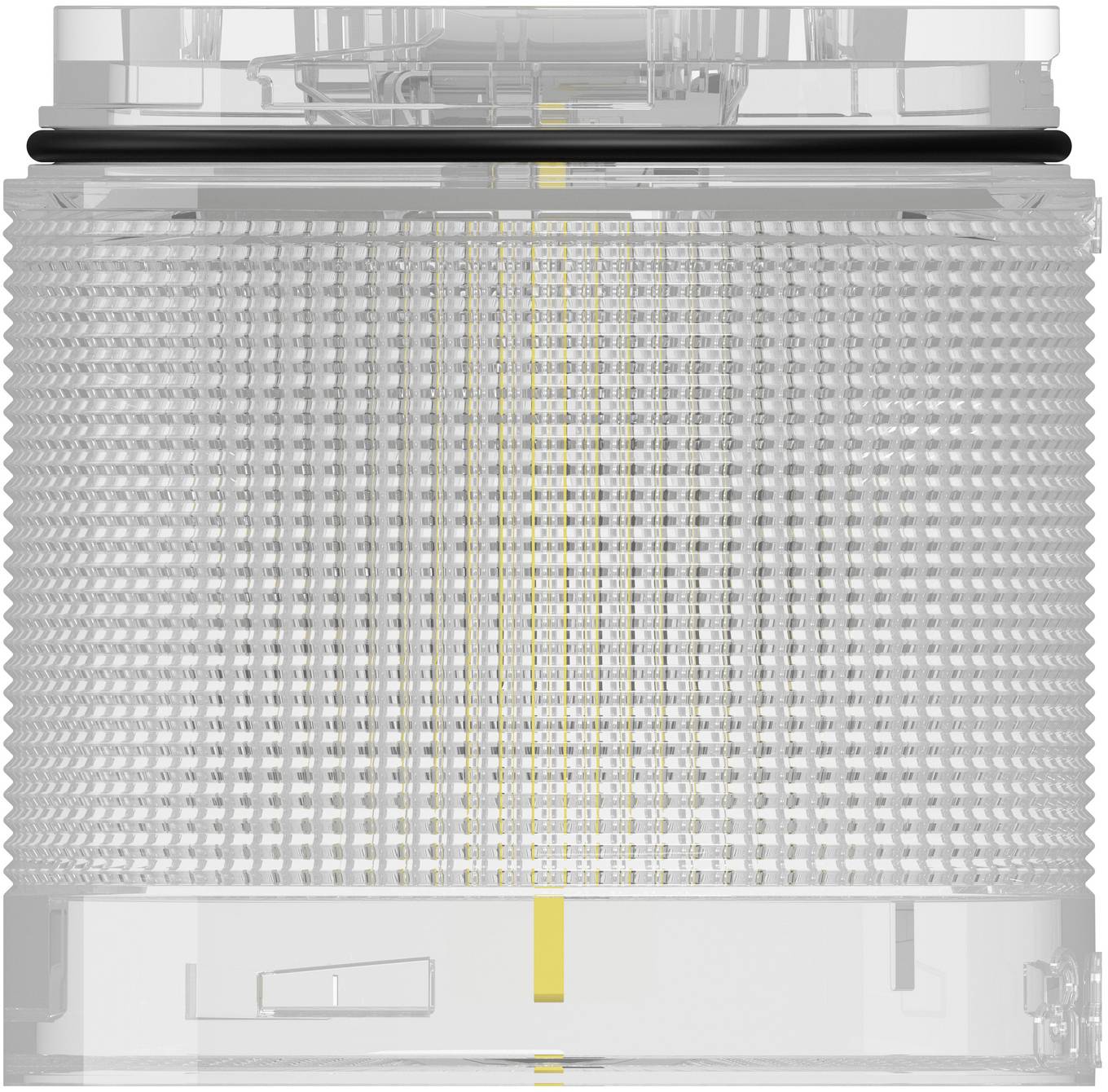 Transparent technical device housing with a cylindrical perforated mesh center and visible internal components, shown front-on on a white background.