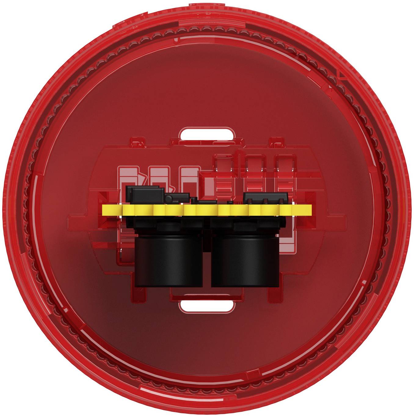 Red circular electronic component with two black connectors and a yellow strip mounted on a translucent red base, viewed from above.