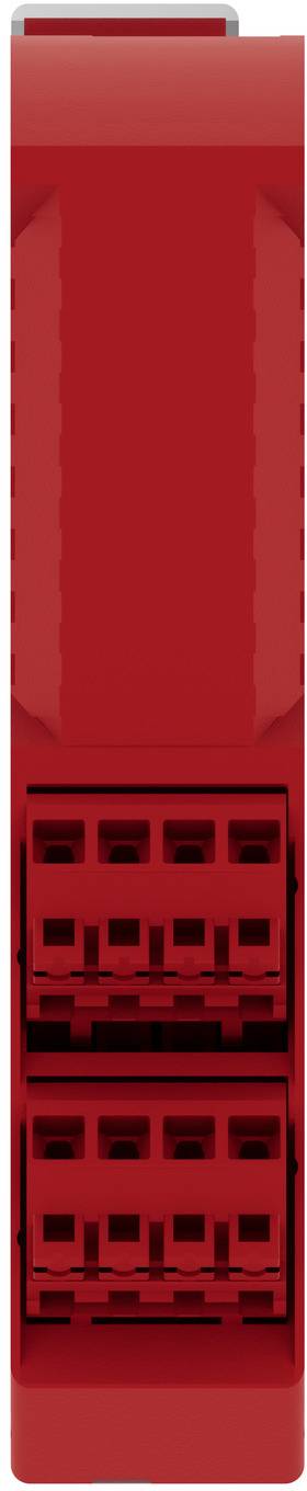 Red electrical connector or terminal block with multiple socket openings on the front.