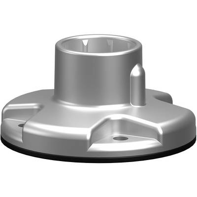 Silver metal mechanical base with a central cylindrical opening and three mounting lugs, shown in perspective on a white background.