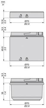 Technical dimension drawing of a cylindrical container, showing side and top views with measurements in mm/in, including 70 mm diameter and about 49.8 mm height.