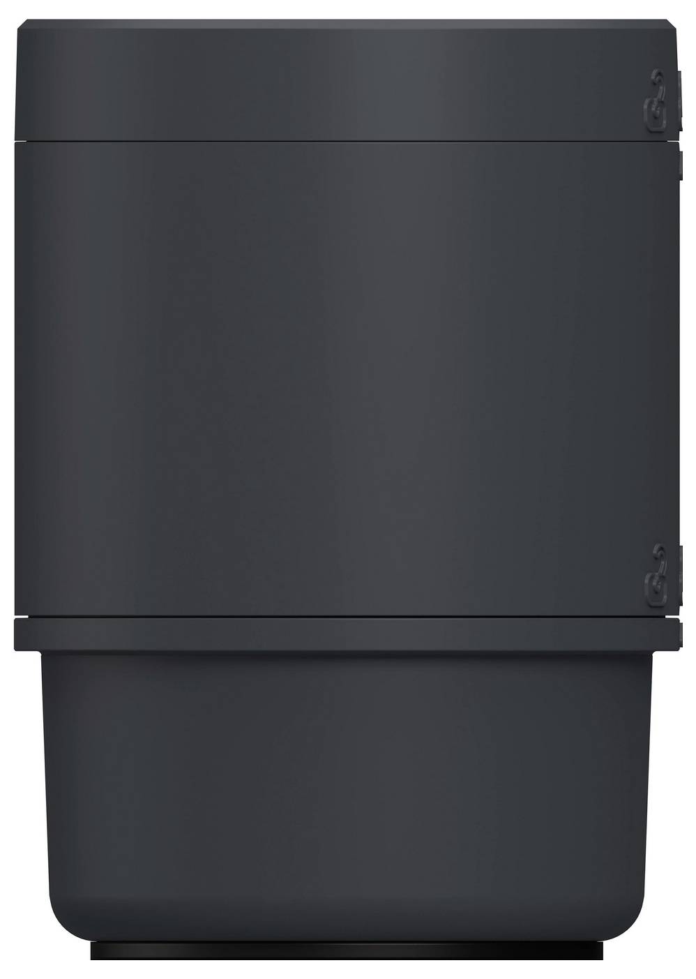 Dark gray plastic storage bin or trash container with a lid, shown front view on a white background.
