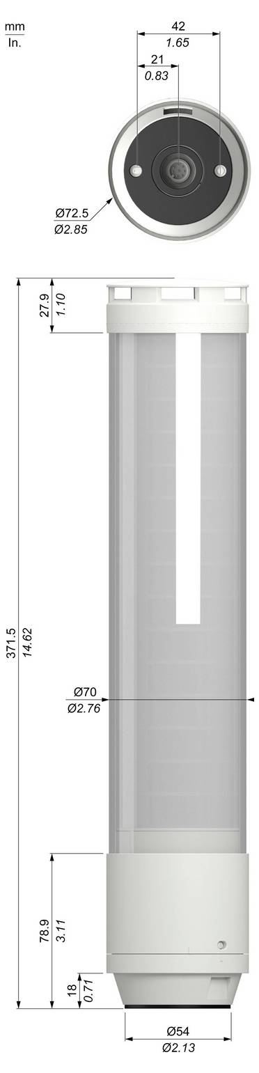 Technical dimension drawing of a cylindrical device with top camera opening and side measurements labeled in mm and inches.