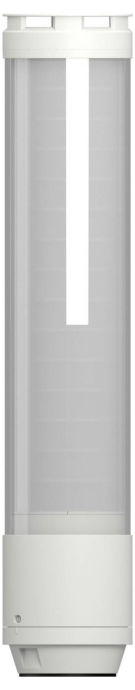A tall cylindrical white and gray wall-mounted unit with a translucent central section and vented base, resembling a filter or air purifier.