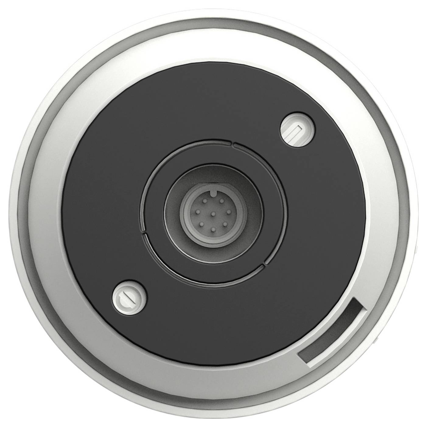 Close-up of a round metallic camera lens or sensor housing with a dark center, two visible screws, and a small opening on the edge.