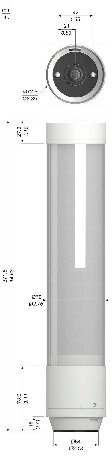Technical dimension drawing of a cylindrical wall-mounted device, showing front and side views with measurements in millimeters and inches.
