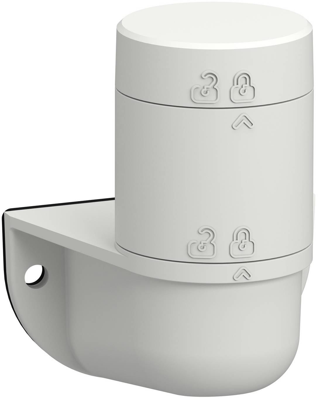 White cylindrical wall-mounted device with lock and unlock icons and a side mounting bracket.