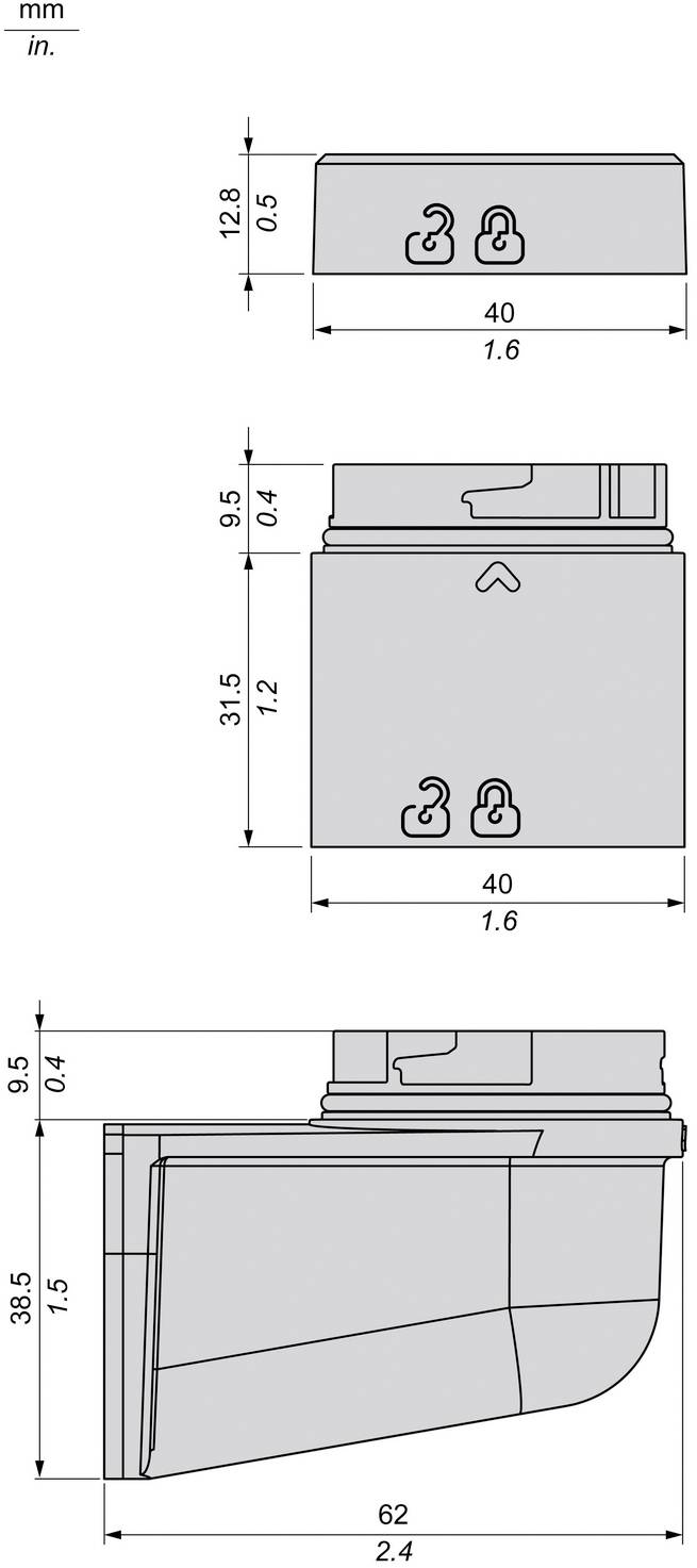 Technical dimension drawing of a small gray mechanical part shown in front and side views, with measurements in mm and inches.