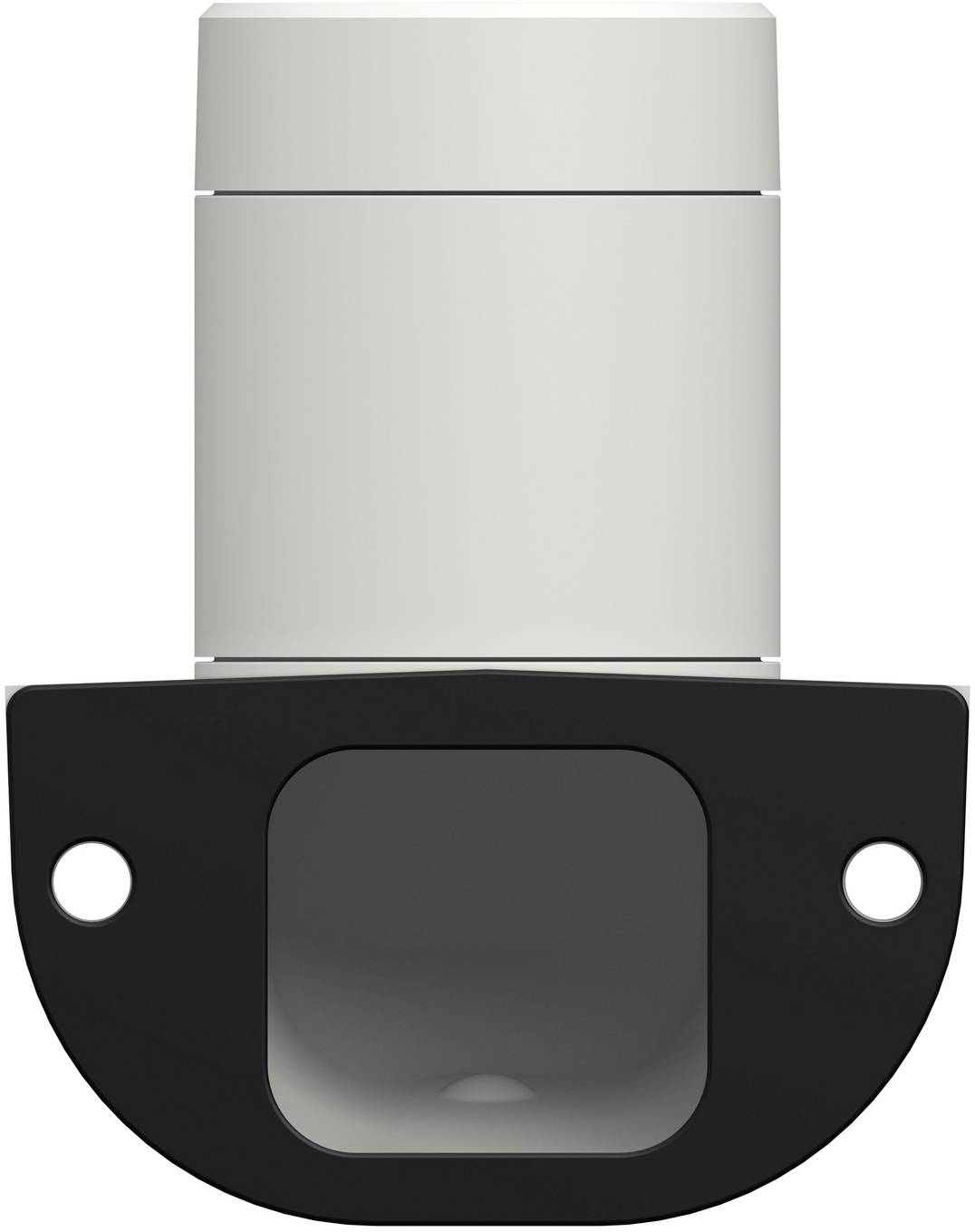 Front view of a black and silver connector or mounting component with a central square opening and two side holes on a white background.