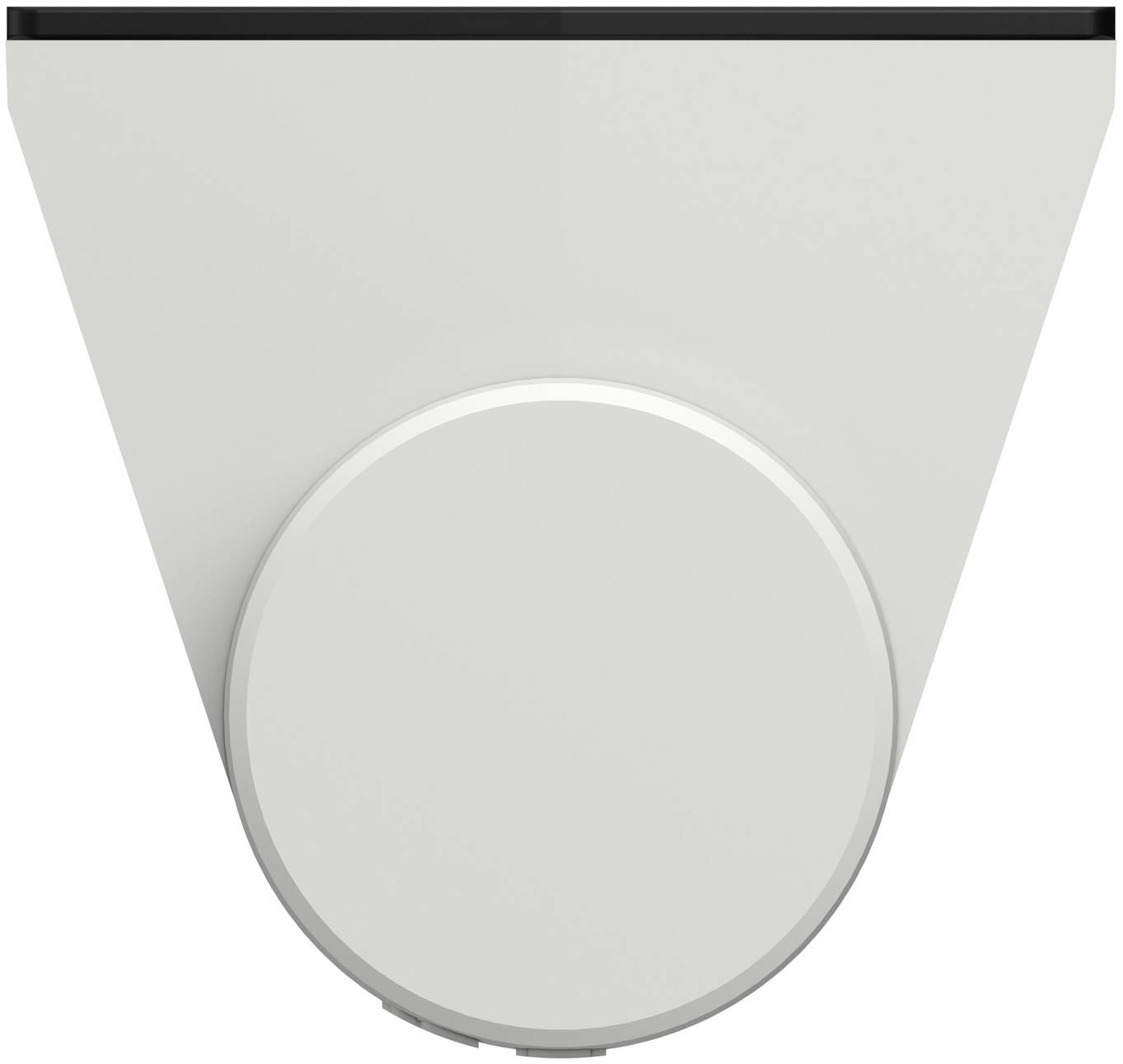 A minimalist gray wall-mounted device with a large circular control or speaker panel centered on the front.<br>