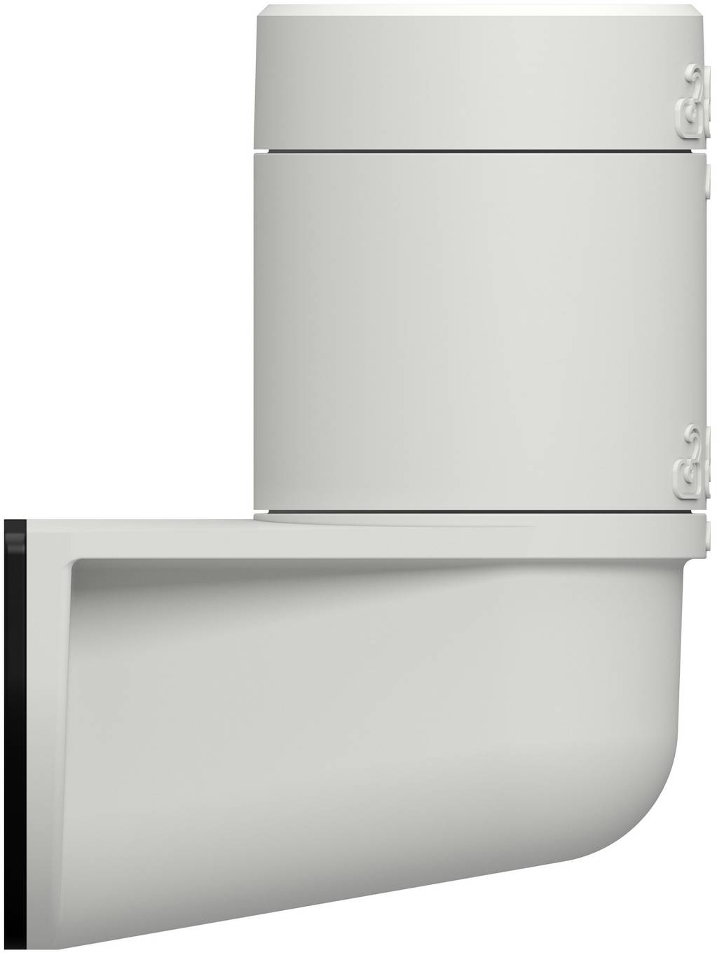 Light gray wall-mounted vent hood with a cylindrical upper exhaust housing and angled lower front panel, shown on a white background.