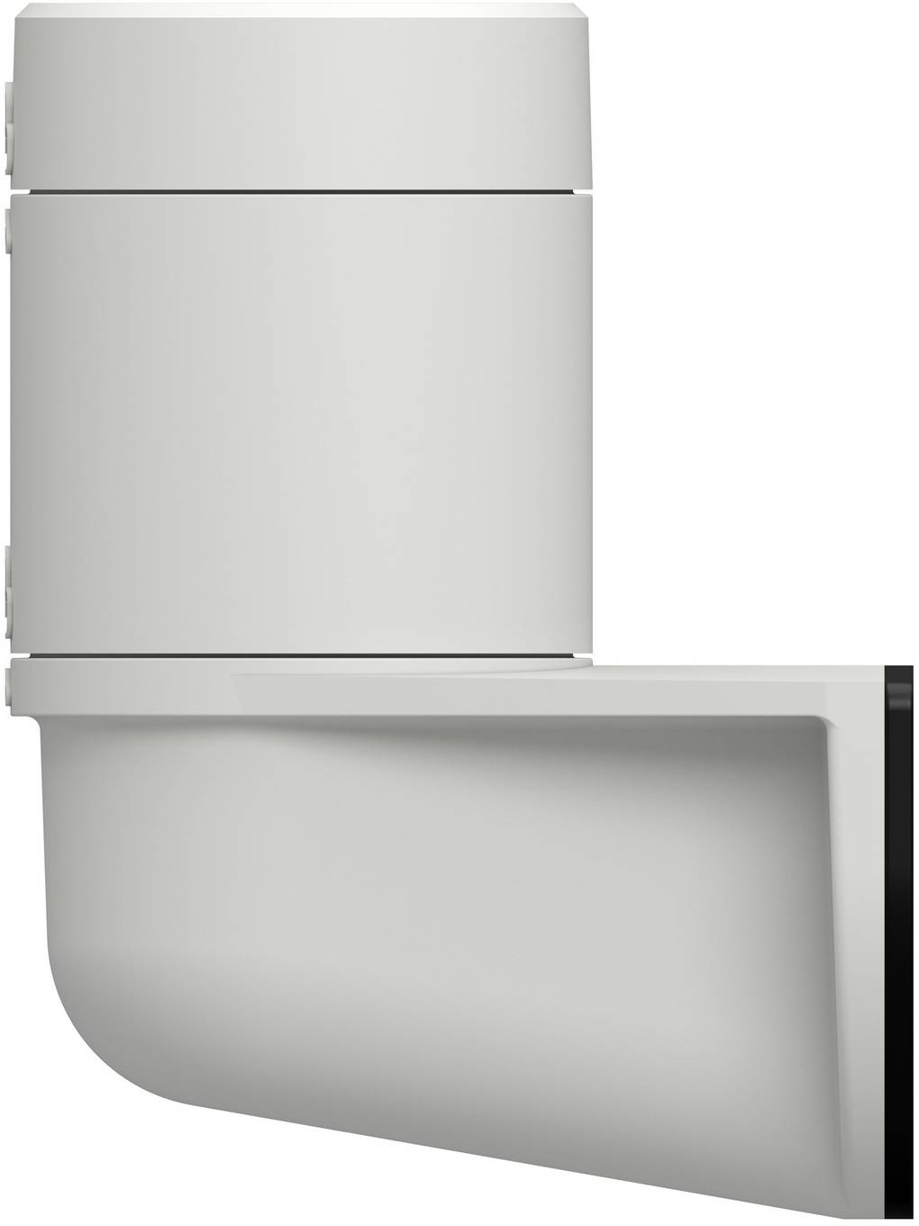 Side view of a gray wall-mounted vent hood or duct cover with a rounded lower section.