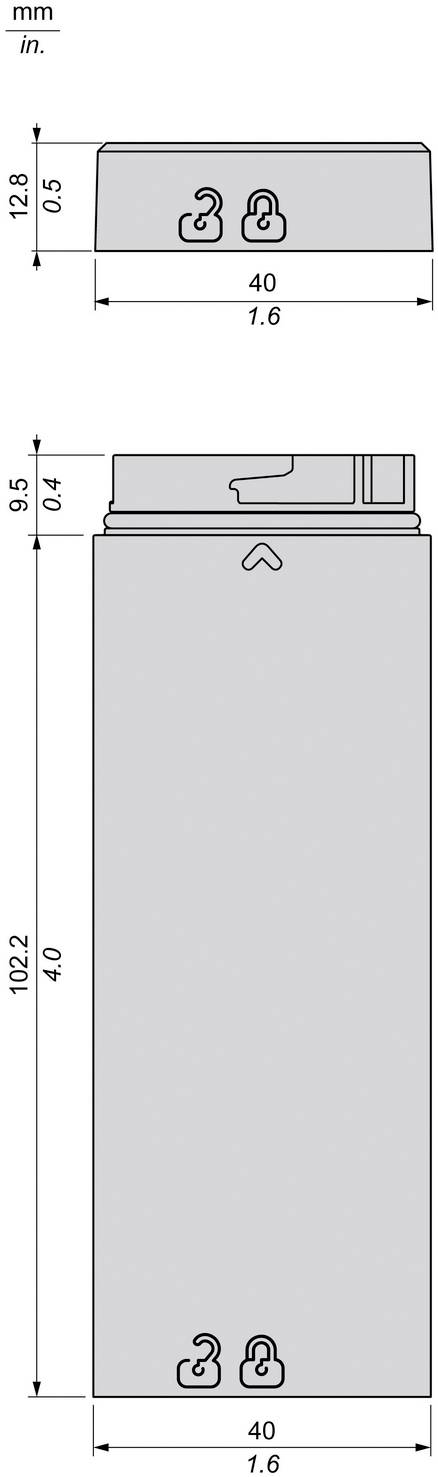 Dimensioned technical drawing of a rectangular device, shown in front and side views, labeled 40 mm wide, 102.2 mm tall, and 12.8/9.5 mm deep.