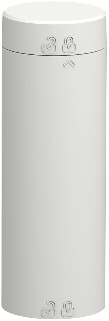 White cylindrical device with embossed lock and unlock icons near the top and bottom, suggesting a security or access-control container.