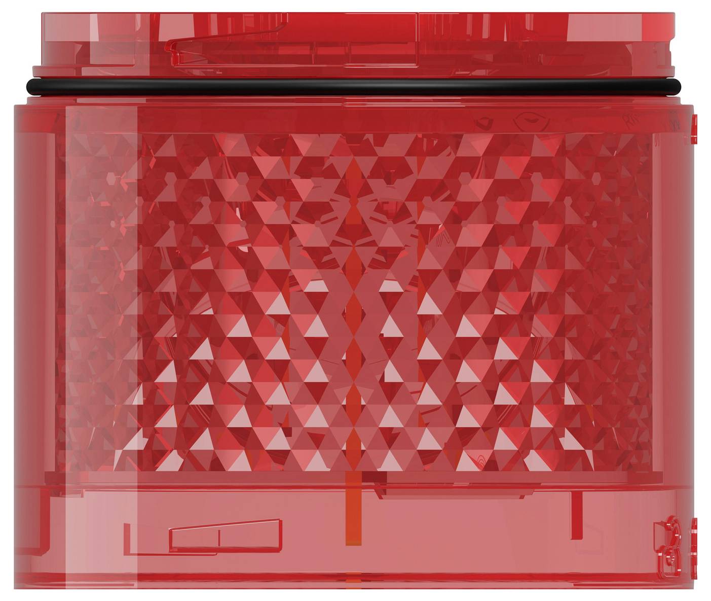 Red translucent cylindrical plastic container with a textured diamond-pattern body and a black sealing ring near the top.