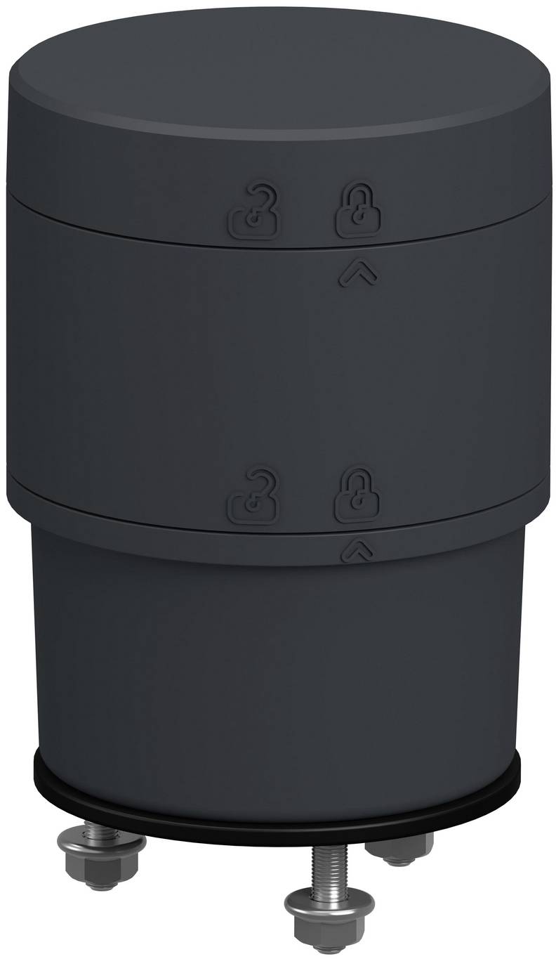 Black cylindrical industrial device with lock and unlock icons, mounted on bolts and a threaded base.