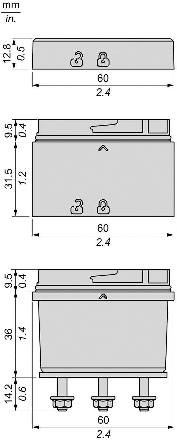 Technical drawing of a rectangular mechanical component shown in three views, with dimensions in mm and inches: 60 mm wide, about 36 mm tall, plus mounting details and three bottom terminals.