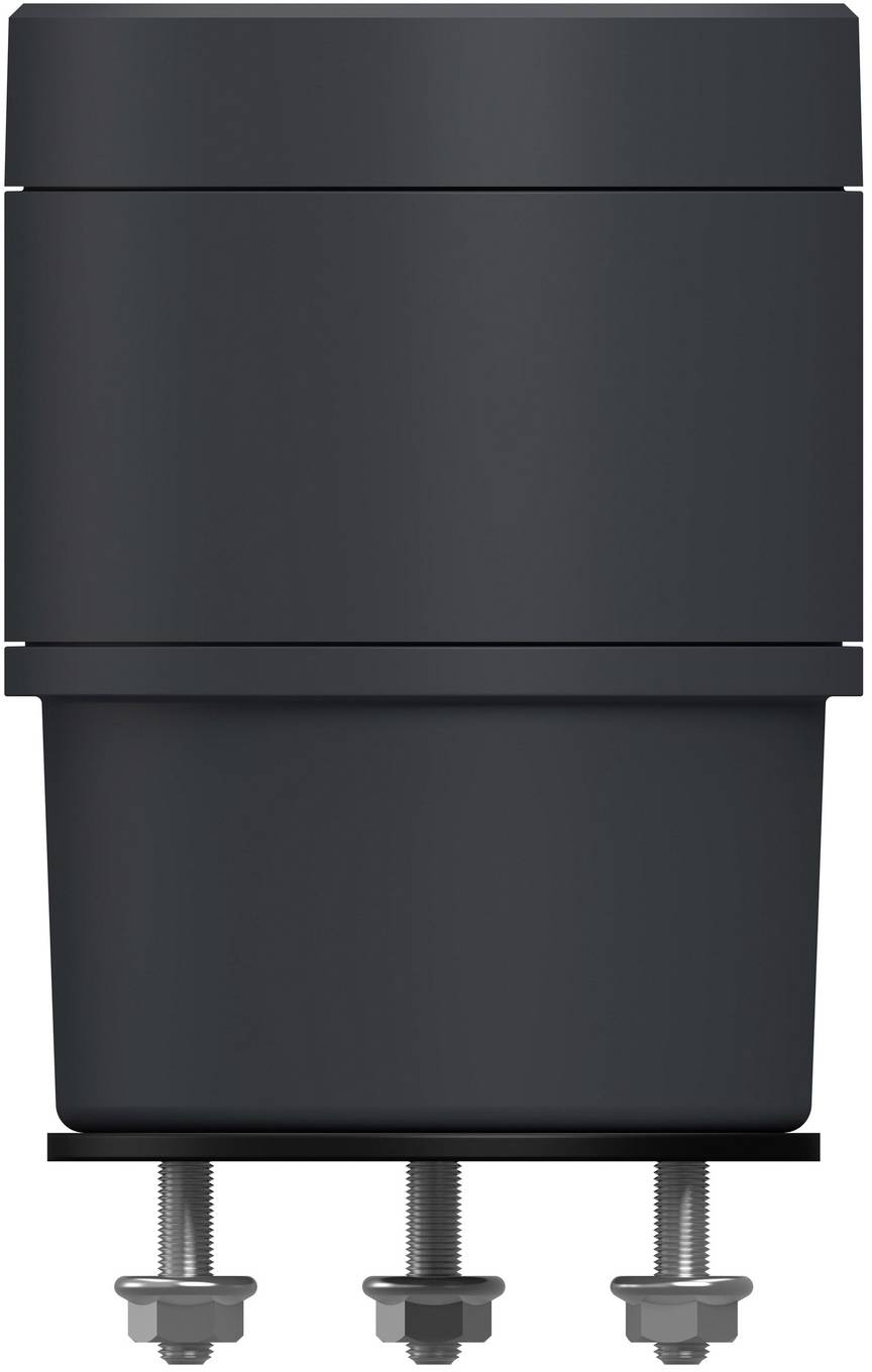Front view of a dark gray plastic mounting bracket or container with three threaded bolts and nuts underneath on a white background