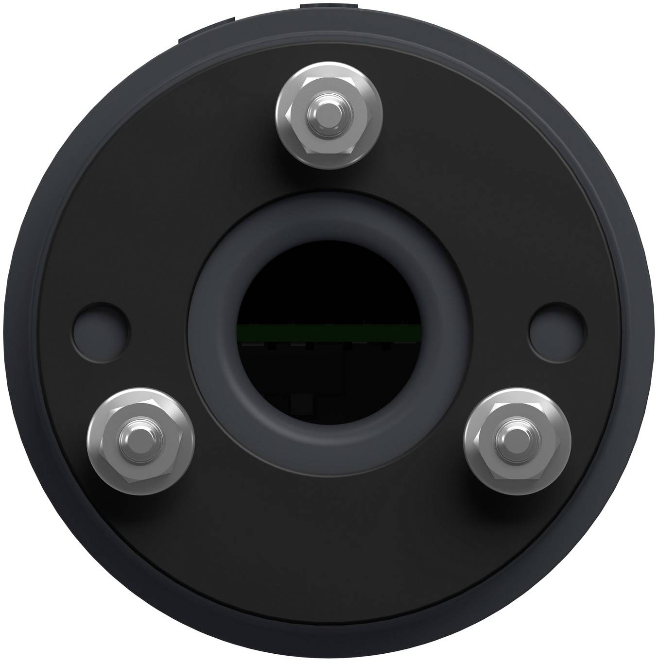 Front view of a black circular metal device with a central opening and three silver bolts around it, resembling a flange or sensor housing.