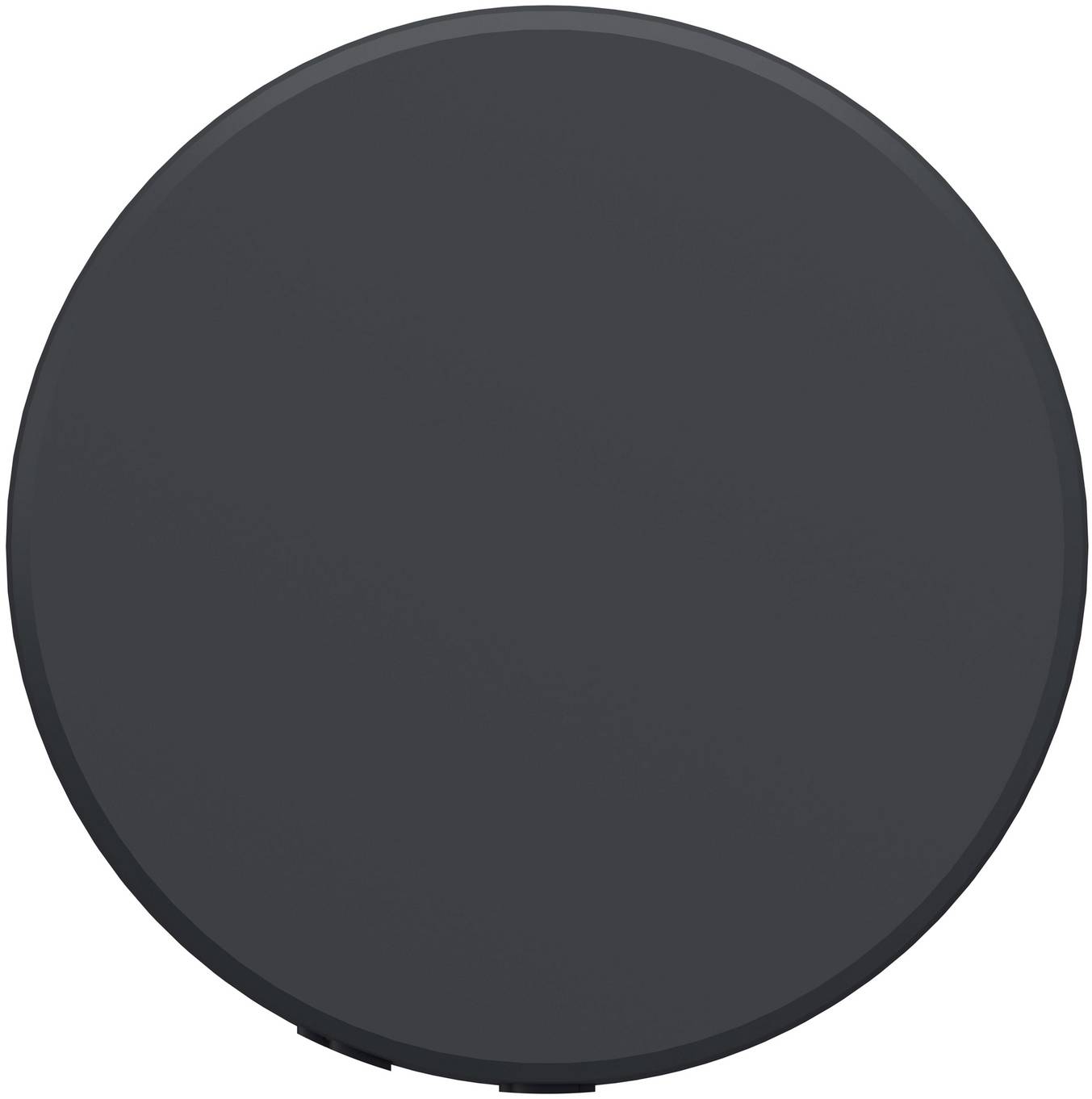 Dark gray circular speaker or smart device viewed from the front on a white background.