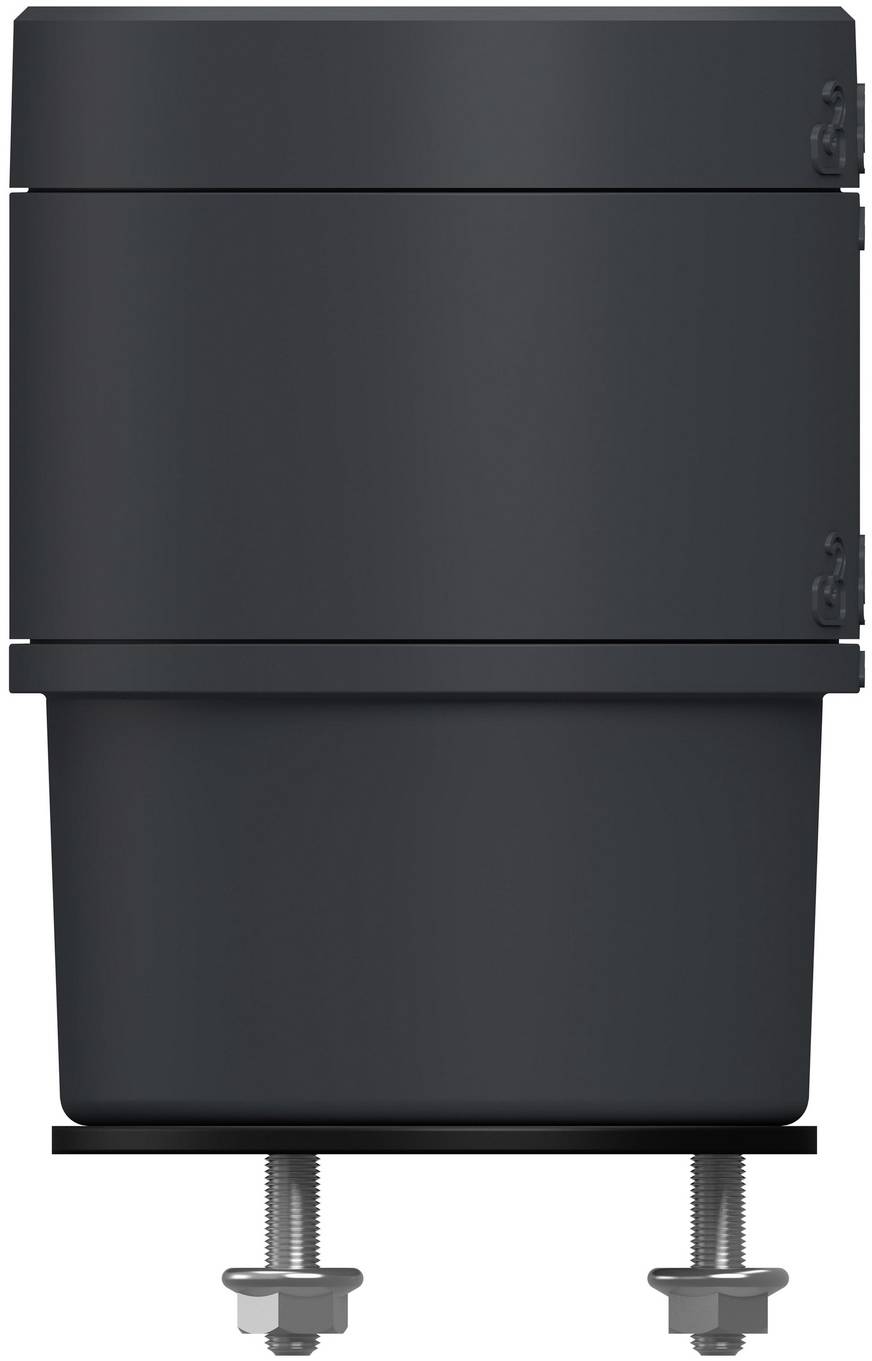 Black rectangular plastic tank or container mounted on two threaded bolts against a white background.