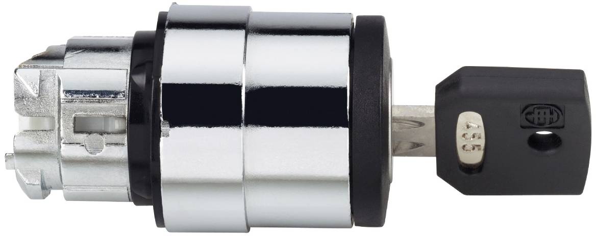 Chrome door lock cylinder with a black key inserted, shown in side view on a white background.
