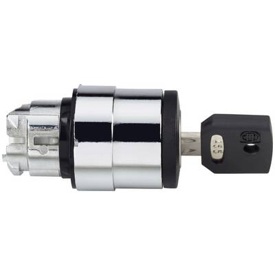 Chrome door lock cylinder with a black key inserted, shown in side view on a white background.