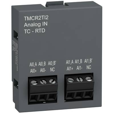 Gray industrial input module labeled 'TMCR2TI2 Analog IN TC - RTD' with two screw terminal blocks for analog sensor connections.