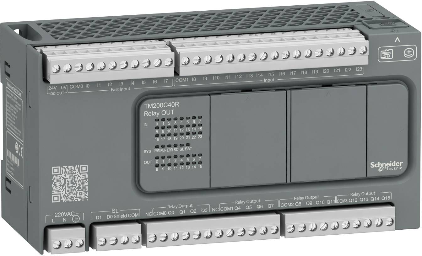 Schneider Electric TM200C40R PLC controller module with labeled input/output terminals and QR code on the front panel.