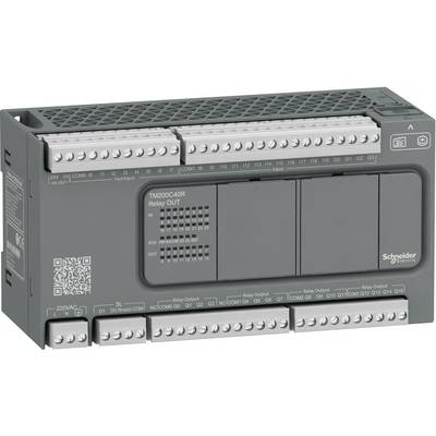 Schneider Electric TM200C40R PLC controller module with labeled input/output terminals and QR code on the front panel.