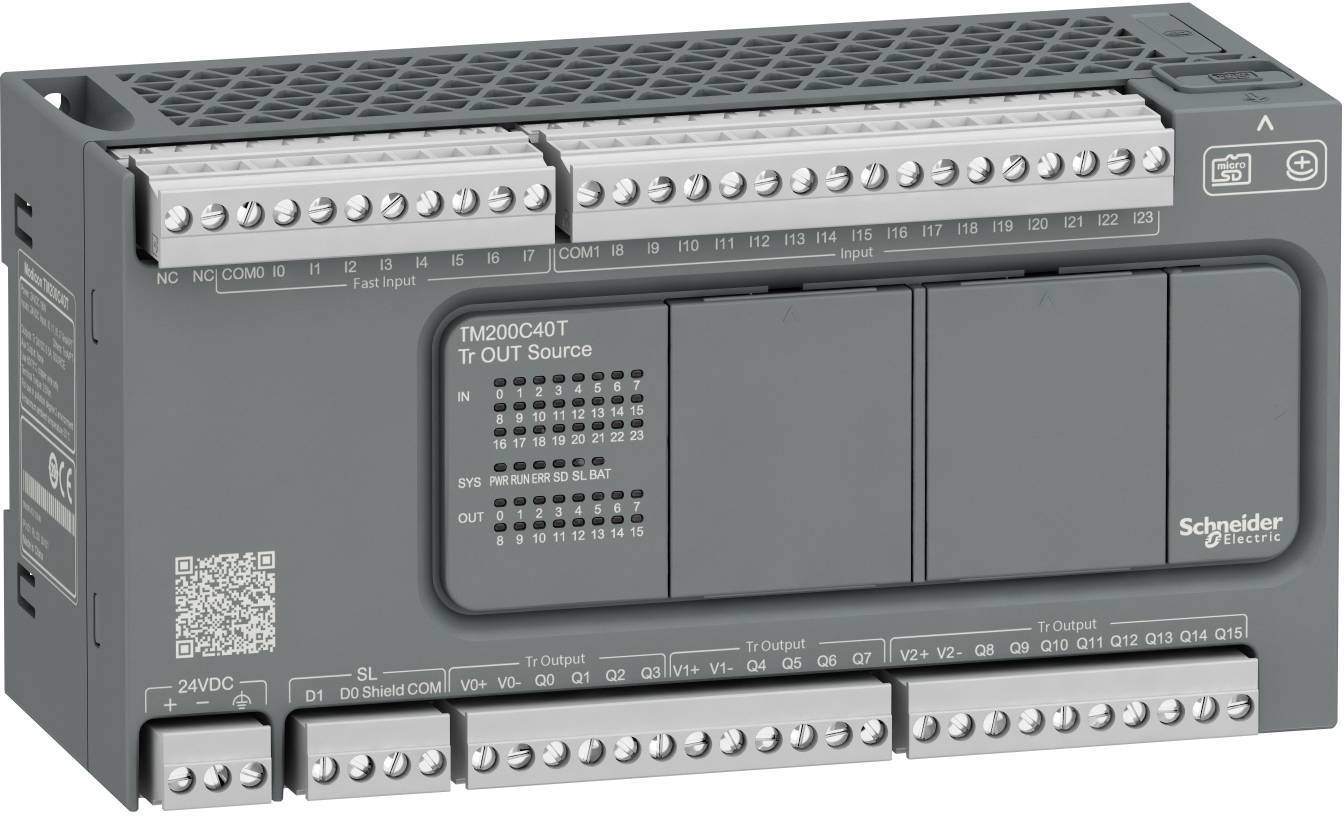 Schneider Electric TM200C40T PLC controller module with multiple screw-terminal rows and labeled I/O ports on a gray industrial unit.